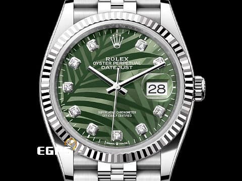 ROLEX 勞力士 Datejust 36 蠔式日誌型 126234 停產絕版款式&nbsp;原廠鑽石時標 橄欖綠色棕櫚葉面盤 DJ36 經典三角坑紋錶圈 2023年 紀念型（Jubilee）五銖錶帶 自動上鍊 36mm