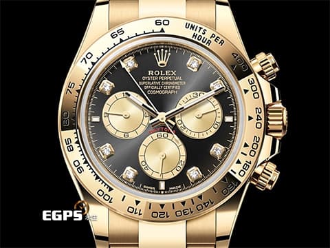 ROLEX 勞力士 Cosmograph Daytona 迪通拿 126508 黃K金鍊帶款 計時碼表 2024年新式保卡 鑲鑽亮黑色及金色錶面 原廠鑲嵌鑽石時標  此錶歡迎各路錶友以PP、AP、勞力士 來店交換，本店將以最高價評估～ 自動上鍊 40mm