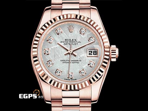 ROLEX 勞力士 Lady-Datejust 26 蠔式日誌型 179175 Met&nbsp;原廠鑽石時標 Meteorite 隕石面盤&nbsp;永恆玫瑰金 DJ26 經典三角坑紋錶圈&nbsp;台灣公司貨 元首型（President）錶帶 總統帶&nbsp;自動上鍊 26mm