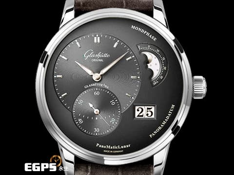 Glashutte Original 格拉蘇蒂 Pano Matic Lunar 偏心系列 1-90-02-43-32-62 灰色面盤 月相盈虧 大日期窗 小秒針 不鏽鋼 德國腕錶工藝 招牌雙鵝頸、3/4夾板、偏心面盤 2023年保單 自動上鍊 40mm