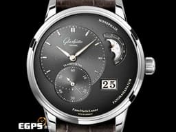 Glashutte Original 格拉蘇蒂 Pano Matic Lunar 偏心系列 1-90-02-43-32-62 <font color=#ADADAD>灰色面盤</font> 月相盈虧 大日期窗 小秒針 不鏽鋼 <font color=#ff0000>德國腕錶工藝 招牌雙鵝頸、3/4夾板、偏心面盤 2023年保單</font> 自動上鍊 40mm