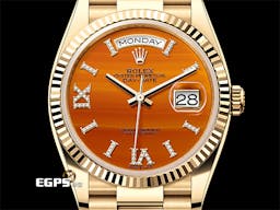 ROLEX 勞力士 DAYDATE 36 星期日曆型 128238 <font color=#ff8e2e>愛馬仕橘鑲鑽紅玉髓面盤 原鑲鑽石時標及羅馬數字時標【蜜柑面】</font> 18K黃金材質 元首型錶鍊帶 <font color=#FF0000>2023年保單 具獨特橙紅色落日餘暉寶石面盤</font> <font color=#FFFF33> 此錶歡迎各路錶友以PP、AP、勞力士 來店交換，本店將以最高價評估～</font> 自動上鍊 36mm