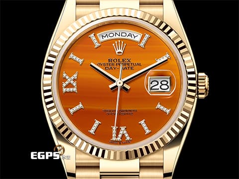 ROLEX 勞力士 DAYDATE 36 星期日曆型 128238 愛馬仕橘鑲鑽紅玉髓面盤 原鑲鑽石時標及羅馬數字時標【蜜柑面】 18K黃金材質 元首型錶鍊帶 2023年保單 具獨特橙紅色落日餘暉寶石面盤  此錶歡迎各路錶友以PP、AP、勞力士 來店交換，本店將以最高價評估～ 自動上鍊 36mm