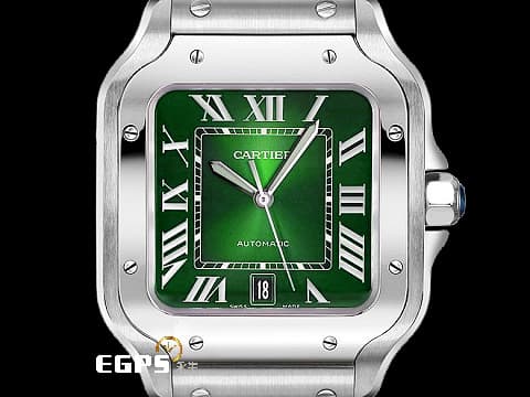 CARTIER 卡地亞 Santos de Cartier 山度士 WSSA0062 綠色太陽紋面盤 大型款 不鏽鋼 大三針&nbsp;2025年保卡「QuickSwitch」錶帶快拆系統 另附原廠綠色皮帶&nbsp;自動上鍊 40mm