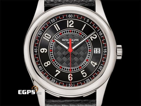 PATEK PHILIPPE 百達翡麗 PP錶 Calatrava 6007G-011&nbsp;烏木黑色 中央「碳纖維」浮雕圖案面盤&nbsp;6007 G 大三針&nbsp;紅色秒針、三角形刻度與格狀刻度&nbsp;18K白金材質&nbsp;2025年保單 自動上鍊 40mm
