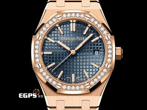 Audemars Piguet 愛彼 AP錶 Royal Oak 皇家橡樹 77451OR.ZZ.1361OR.04 18K玫瑰金材質 午夜藍色Grande Tapisserie錶盤&nbsp;40顆原廠鑲嵌美鑽錶圈（約重0.71克拉）2023年新式保卡&nbsp;自動上鍊 34mm
