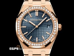 Audemars Piguet 愛彼 AP錶 Royal Oak 皇家橡樹 77451OR.ZZ.1361OR.04 18K玫瑰金材質 <font color="#a9c1ce">午夜藍色Grande Tapisserie錶盤</font><font color="#e2e2e2">&nbsp;40顆原廠鑲嵌美鑽錶圈（約重0.71克拉）</font><font color="#ff0000">2023年新式保卡</font>&nbsp;自動上鍊 34mm