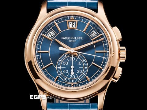 Patek Philippe 百達翡麗 PP錶 Complications 複雜功能時計 Annual Calendar Chronograph 最新款 藍色日輝紋面盤 5905R-010 年曆功能 飛返計時碼表 2023年 保單 5905 R 玫瑰金 歡迎各錶友以 PP、AP、勞力士 來店交換，本店將以最高價評估～ 自動上鍊 42mm