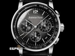 Audemars Piguet AP 愛彼錶 26393 NB 煙燻灰色錶面 <font color="#FF0000">CODE 11.59系列，中層錶殼為皇家橡樹八角形錶身，鏤空的錶耳與纖薄的圓形錶圈相連，<font color="#FFFF33">折射入雙曲面錶鏡的光芒，圓融的線條中帶有幾何的豐富層次，任何角度都值得細細玩味 2022保單 </font> </font> <font color="#FFE4E1">白K金與黑色陶瓷材質</font> 飛返計時碼錶 自動上鍊 41mm
