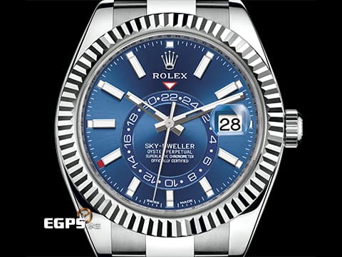 ROLEX 勞力士 Sky-Dweller 蠔式 天行者 326934&nbsp;亮藍色面盤 沙羅系統 年曆錶 兩地時區 經典三角坑紋錶圈&nbsp;2020年保單 蠔式（Oyster）三節錶帶&nbsp;自動上鍊 42mm