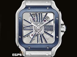 Cartier 卡地亞 Santos de Cartier Large Skeleton 山度士 大型款 WHSA0026 <font color=#4169e1>全鏤空面盤 藍色PVD外框</font> 不鏽鋼 <font color=#FF0000>2023年保單 最新QuickSwitch錶帶更換系統 另附原廠橡膠錶帶組</font> 手上鍊 39.8mm