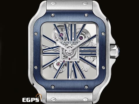 Cartier 卡地亞 Santos de Cartier Large Skeleton 山度士 大型款 WHSA0026 全鏤空面盤 藍色PVD外框 不鏽鋼 2023年保單 最新QuickSwitch錶帶更換系統 另附原廠橡膠錶帶組 手上鍊 39.8mm