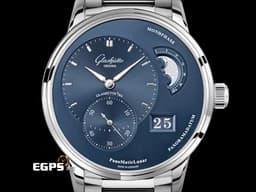Glashutte Original 格拉蘇蒂 Pano Matic Lunar 偏心系列 1-90-02-46-32-71 <font color=#0080FF>藍色面盤</font> 月相盈虧 大日期窗 小秒針 不鏽鋼 <font color=#ff0000>德國腕錶工藝 招牌雙鵝頸、3/4夾板、偏心面盤 2024年台灣公司貨</font> 自動上鍊 40mm