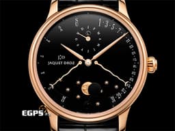 JAQUET DROZ 雅克德羅 JD錶 Astrale 星辰系列 J030533200 玫瑰金材質 <font color=#FFFFFF>萬年曆 黑色琺瑯面盤 新錶參考訂價約：1,862,000元</font> <font color=#FF0000>2023年保單 藝術裝飾逆跳月相顯示盤 逆跳日期、星期</font> 自動上鍊 43mm