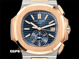 Patek Philippe 百達翡麗 PP錶 Nautilus Chronograph 金鷹 鸚鵡螺 5980/1AR <font color=#0000E3>藍色面盤</font> 5980 同軸 計時碼錶 <font color=#FF0000>PP印記 2024年保單 最新可微調按壓式摺疊扣</font> 玫瑰金 半金款 <font color=#FFFF33>歡迎路錶友以 PP、AP、RM、勞力士 來店交換，本店將以最高價評估~</font> 自動上鏈 40.5mm