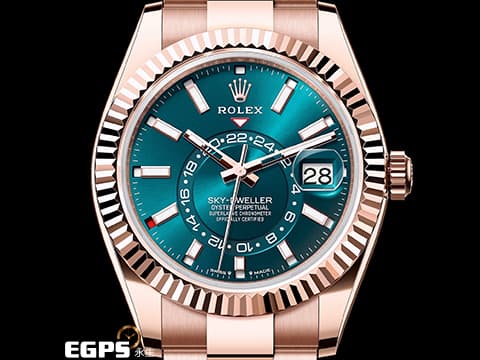 ROLEX 勞力士 Sky-Dweller 蠔式 天行者 336935 最新9002新機芯 藍綠色面盤 永恆玫瑰金 沙羅系統 年曆錶 兩地時區 經典三角坑紋錶圈 2024年保卡 蠔式（Oyster）三節錶帶 自動上鍊 42mm