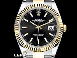 ROLEX 勞力士 DateJust 41 蠔式日誌型 126333 黑色面盤 <font color=#f5dea8>18K黃金 半金款</font> DJ41 經典三角坑紋錶圈 <font color=#FF0000>2023年新式綠卡 蠔式（Oyster）三節錶帶</font> 自動上鍊 41mm