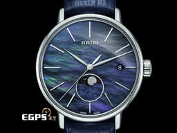 RADO 雷達 Coupole Classic Moonphase 晶璨系列 R22883915 <font color=#4169e1>藍色珍珠貝母面盤</font> 大三針 月相盈虧 不鏽鋼 <font color=#FF0000>2024年保卡</font> 石英腕錶 34mm