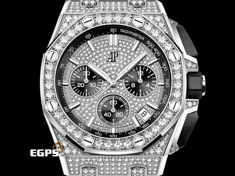 Audemars Piguet 愛彼 AP錶 Royal Oak Offshore 皇家橡樹 離岸型 26423BC.ZZ.D002CA.01 飛返 計時碼表 原廠滿天星鑲鑽面盤、錶殼、錶圈、錶扣 共計423顆鑽石(約重5.8克拉) 18K白金材質 2023年保單 自動上鏈 43mm