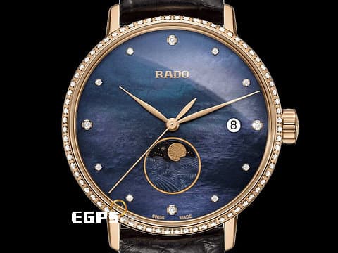 RADO 雷達 Coupole Classic Diamonds Moonphase 晶璨系列 R22884935 原廠鑽圈、鑽石時標 藍色珍珠貝母面盤 大三針 玫瑰金PVD鍍層處理不鏽鋼材質 月相盈虧 2024年保卡 石英腕錶 34mm