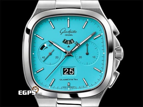 Glashutte Original 格拉蘇蒂 Seventies Chronograph Panorama Date 七零年代 70s 復古&nbsp;Disco Blue 迪斯可藍色面盤 限量100只&nbsp;1-37-02-10-02-70 飛返 計時碼表 大日期窗 動能顯示 不鏽鋼材質&nbsp;2022年台灣公司貨&nbsp;德國錶 自動上鍊 40mm