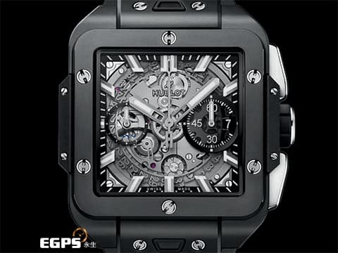 HUBLOT 宇舶 SQUARE BANG UNICO 黑色魔力 821.CI.0170.RX 黑色陶瓷 飛返 計時碼表 鏤空面盤  噴砂及拋光黑色陶瓷 超夯、超熱門錶款!!【暗黑騎士】!!2024年保單 自動上鍊 42mm