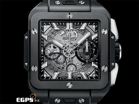 HUBLOT 宇舶 SQUARE BANG UNICO 黑色魔力 821.CI.0170.RX 黑色陶瓷 飛返 計時碼表 鏤空面盤  噴砂及拋光黑色陶瓷 超夯、超熱門錶款!!【暗黑騎士】!!2024年保單 自動上鍊 42mm