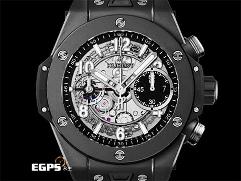 HUBLOT 宇舶 BIG BANG UNICO 黑色魔力大爆炸 441.CI.1171.RX 陶瓷 飛返計時 導柱輪 碼錶 鏤空面盤 black-magic 噴砂及拋光黑色陶瓷和表圈 2022年保單，最新電子式保書 計時碼錶 自動上鍊 42mm