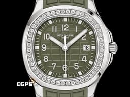 Patek Philippe 百達翡麗 PP錶 Aquanaut 5267 海底探險家 5267/200A-011 不鏽鋼材質 橡膠錶帶款 <font color="#05f0f0"> 原廠鑲嵌鑽石錶圈(48顆鑽石：約1.11克拉)&nbsp;&nbsp;</font><font color="#ff0000">2026年保單</font> <font color="#8de297">卡其綠面盤、橡膠錶帶</font> 石英機芯 38.8mm