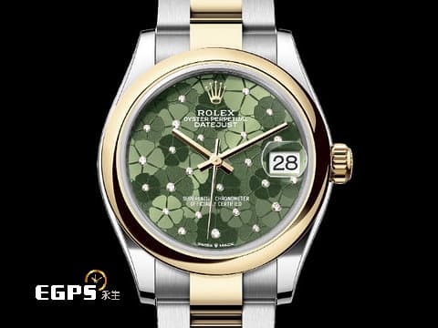 ROLEX 勞力士 Datejust 31 蠔式日誌型 278243 原廠鑲鑽橄欖綠色花朵圖案面盤 18K黃金 半金款 2024年保卡 自動上鍊 31mm