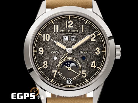 Patek philippe 百達翡麗 Calatrava Annual Calendar Travel Time 複雜功能時計 5326G-001 18K白金材質 漸層炭灰色不規則紋理面盤 年曆錶 二地時間 月相盈虧  2023年保單   巴黎釘紋飾錶殼 5326 自動上鍊 41 mm