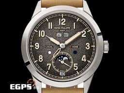 Patek philippe 百達翡麗 Calatrava Annual Calendar Travel Time 複雜功能時計 5326G-001 18K白金材質 <font color="#ffff00">漸層炭灰色不規則紋理面盤 年曆錶 二地時間 月相盈虧</font> <font color="#FF0000"> 2023年保單 </font>  巴黎釘紋飾錶殼 5326 自動上鍊 41 mm