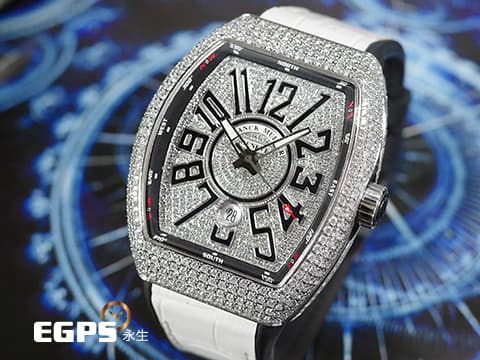 Franck Muller 法蘭穆勒 FM Vanguard V45 精鑲鑽錶 不鏽鋼材質 精鑲滿天星面盤  絢爛華麗的滿天星鑲鑽，黑色阿拉伯數字時標、內圈、錶帶 自動腕錶 44x54mm