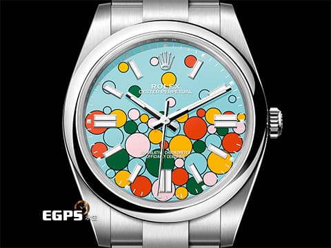 ROLEX 勞力士 Oyster 蠔式恆動 124300 OP41 不鏽鋼材質 「Celebration」由綠、黃、珊瑚紅、糖果粉、綠松石藍色組成「慶典」面盤 2025年停產款 2024年保單 自動上鍊 41mm