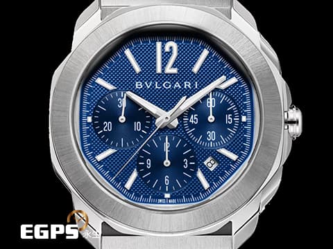 BVLGARI 寶格麗 Octo Roma Chronograph 不鏽鋼 八角形 103829 計時碼錶 新款 藍色巴黎釘紋錶盤 快拆式錶帶 另附原廠橡膠錶帶組  2025年保單 自動上鍊 42mm