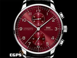 IWC 萬國 Portugieser Chronograph 經典 葡萄牙 系列 IW371616&nbsp;<font color="#bb0707">酒紅色放射紋面盤 大葡萄牙</font><font color="#ff0000">&nbsp;</font>計時碼錶&nbsp;不鏽鋼&nbsp;<font color="#FF0000">透明錶背款 2022年台灣公司貨</font> 自動上鍊 41mm
