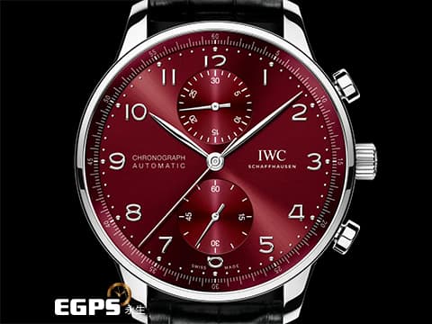 IWC 萬國 Portugieser Chronograph 經典 葡萄牙 系列 IW371616&nbsp;酒紅色放射紋面盤 大葡萄牙&nbsp;計時碼錶&nbsp;不鏽鋼&nbsp;透明錶背款 2022年台灣公司貨 自動上鍊 41mm