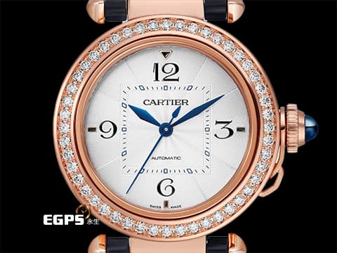 CARTIER 卡地亞 PASHA DE CARTIER腕錶 WJPA0012 大三針 18K玫瑰金材質 原廠鑲嵌48顆鑽石錶圈（共1.15克拉） 鑲嵌尖晶石錶冠鎖 2024年保單 保有部分原廠膠膜 自動上鍊 35mm
