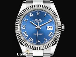 ROLEX 勞力士 DATEJUST 41 蠔式日誌型 126334 不鏽鋼材質 18K白金材質三角坑紋錶圈 <font color=#1e90ff> 藍色太陽紋面盤 </font> <font color=#FF0000>白金羅馬時標 2024年保單 新式綠卡</font> DJ41 自動腕錶 41mm