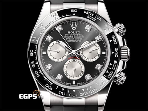 ROLEX 勞力士 Daytona 126519LN 迪通拿 計時碼表 18K白金材質 膠帶款  2025年保卡  原鑲鑽石時標 黑色熊貓面盤&nbsp;新款Rolex Glidelock延展系統摺疊帶扣&nbsp;自動上鏈 40mm