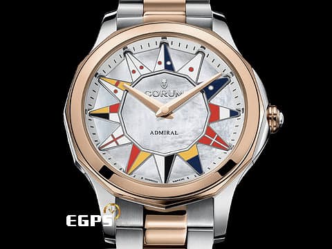 CORUM 崑崙 Admiral Legend 32 海軍上將 400.100.24/V200 BL12 玫瑰金 半金款 珍珠母貝面盤 經典海事旗幟彩繪時標 自動上鍊 32mm