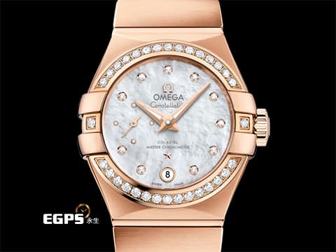 OMEGA 歐米茄 Constellation 星座系列 12755272055001 18K玫瑰金材質 白色珍珠母貝錶盤 原廠鑲嵌10顆鑽石時標 原廠鑽石時標錶圈 2022年保卡 同軸擒縱機芯 自動上鍊 27mm