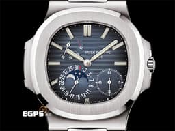 Patek Philippe 百達翡麗 PP錶 Nautilus 鸚鵡螺 5712/1A 金鷹 <font color="#49bcd7">漸層藍色面盤</font> 5712 不鏽鋼材質 鍊帶款 <font color="#FF0000"> 2021年保單 PP印記 動能顯示 月相盈虧</font> 自動上鏈 40mm