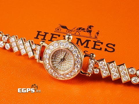 HERMES 愛馬仕 Faubourg Polka 玫瑰金材質 原廠鑲嵌20顆鑽石錶殼（0.574克拉） 原廠鑲嵌68顆鑽石錶盤（0.137克拉） 原廠鑲嵌107顆鑽石錶帶（2.915克拉）  2023年保單 僅收藏未使用品 新錶參考訂價：2,421,000元   石英機芯 15mm