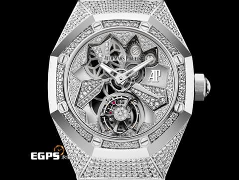 Audemars Piguet 愛彼 AP錶 Royal Oak Concept Flying Tourbillon 皇家橡樹 概念系列 26227BC 18K白金材質 26227BC.ZZ.D011CR.01 原廠鑲嵌468顆鑽石（共3.67克拉） 飛行陀飛輪  錶冠鑲嵌一顆半透明的凸圓形藍寶石 附贈一條白色「星座」橡膠錶帶 手動上鏈 38.5mm