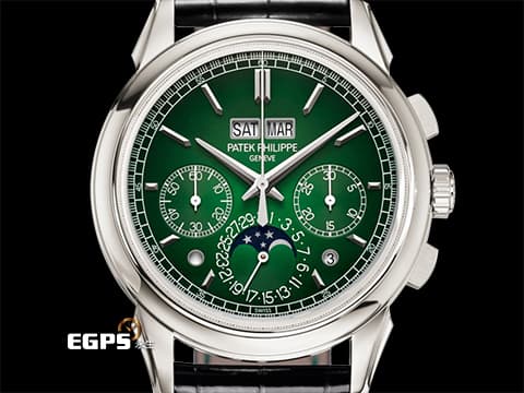 Patek philippe 百達翡麗 PP 5270P-014 鉑金材質 5270P Platium 萬年曆 月相顯示 計時功能 超複雜功能時計系列  漸層綠漆面盤 綠色縫線黑色皮錶帶  2025年保單 新錶參考訂價：7,117,000元  手上鍊 41mm