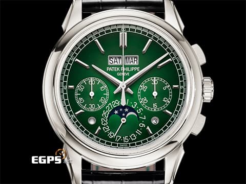 Patek philippe 百達翡麗 PP 5270P-001 鉑金材質 5270P Platium 萬年曆 月相顯示 計時功能 超複雜功能時計系列  漸層綠漆面盤 綠色縫線黑色皮錶帶  2023年保單 新錶參考訂價：7,117,000元 此錶歡迎各路錶友以 PP、AP、勞力士 來店交換，本店將以最高價評估～ 手上鍊 41mm