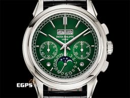 Patek philippe 百達翡麗 PP 5270P-014 鉑金材質 5270P Platium 萬年曆 月相顯示 計時功能 超複雜功能時計系列 <font color="#49ca41"> 漸層綠漆面盤 綠色縫線黑色皮錶帶 </font> <font color="#ff0000">2025年保單 新錶參考訂價：7,117,000元 </font> 手上鍊 41mm