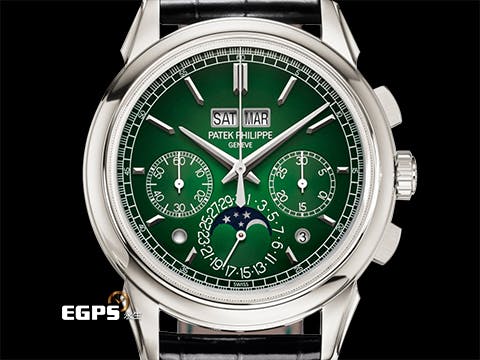 Patek philippe 百達翡麗 PP 5270P-014 鉑金材質 5270P Platium 萬年曆 月相顯示 計時功能 超複雜功能時計系列  漸層綠漆面盤 綠色縫線黑色皮錶帶  2025年保單 新錶參考訂價：7,117,000元  手上鍊 41mm
