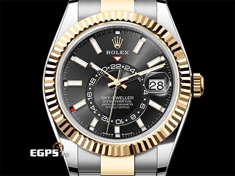 ROLEX 勞力士 Sky-Dweller 蠔式 天行者 336933&nbsp;最新9002機芯&nbsp;亮黑色面盤&nbsp;年曆錶 沙羅系統&nbsp;18K黃金 半金款 兩地時間 經典三角坑紋錶圈&nbsp;2024年保卡 蠔式（Oyster）三節錶帶&nbsp;自動上鍊 42mm